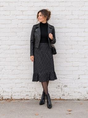 Vintage Black White Polka Dot Ruffle Hem Midi Skirt Retro Classic SZ M